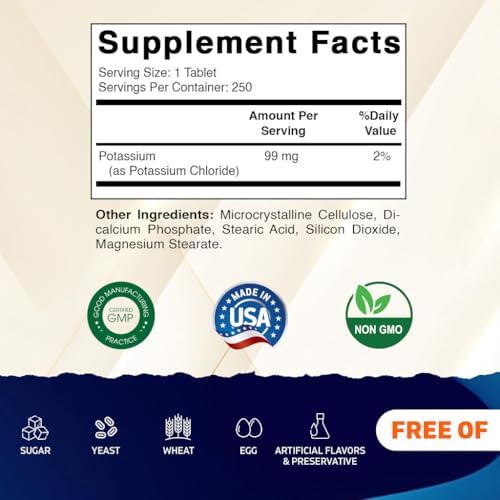 Vitamatic Potassium 99mg – 250 Tablets – Potassium Chloride for Muscle, Heart & Nerve Function – Electrolyte Support – Non-GMO, Gluten-Free
