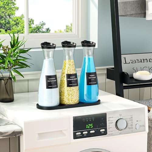 Galasily 3 Pack Laundry Detergent Dispenser Container with Tray, 54OZ Liquid Laundry Soap Dispenser with 12 Labels, Black Laundry Room Organization for Powder, and Fabric Softener