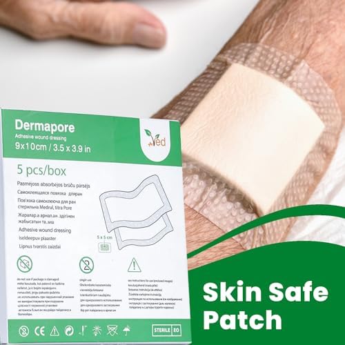 VED Dermapore Adhesive Wound Dressing- Suitable for cuts and grazes, Diabetic Leg ulcers, venous Leg ulcers, Small Pressure sores- Medium, 9 x 10cm (Pack of 5). (9X10 Green), Blue