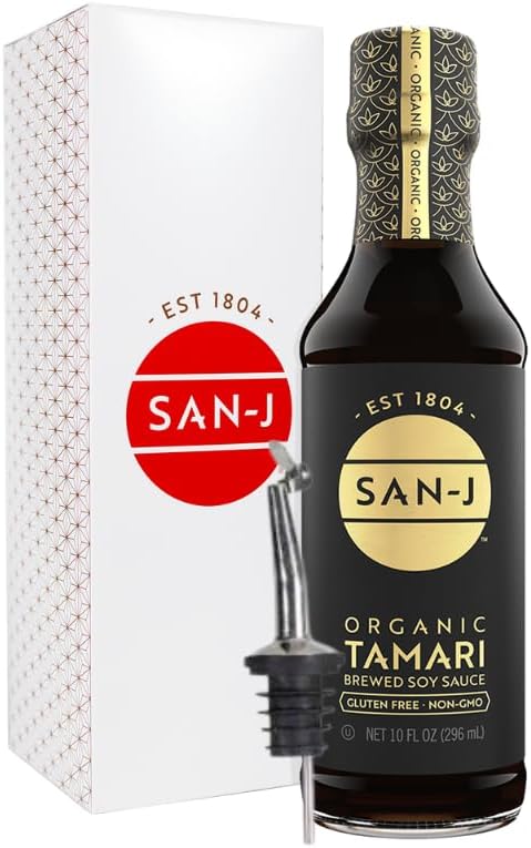 San-J - Organic Gluten Free Tamari Soy Sauce - Specially Brewed - Made with 100% Whole Soy - 10 oz. Bottle - Includes a Collector's Tin and custom pour spout