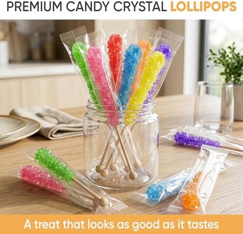Rock Candy Crystal Lollipops, Purple, Red, Blue, Orange,Pink, White Sugar Sticks, Individually Wrapped, 20 Pieces (Unflavored)