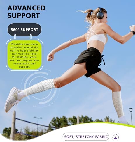 HiRui Calf Compression Wraps, 71" Adjustable Elastic Bandage Sleeves, Lower Leg Calf Support for Men & Women, Shin Splints Relief, Varicose Veins, Fitness, Running, Basketball, Soccer (1, White)