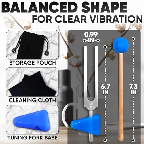 528 Hz Solfeggio Tuning Fork Set – 6.77 inch Aluminum Alloy Harmony Tuning Fork with Reflex Hammer, Cleaning Cloth & Carry Bag for Meditation, Relaxation, Vibrational Sounds & Music Instrument Tuning