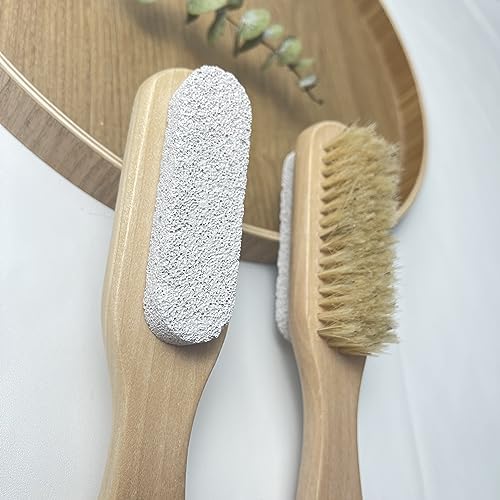 Pumice Stone for Feet with Natural Bristle Nail Brush – Wooden Handle Foot Callus Remover – Dual-Sided Pedicure Tool for Smooth Skin – 7.25 Inch