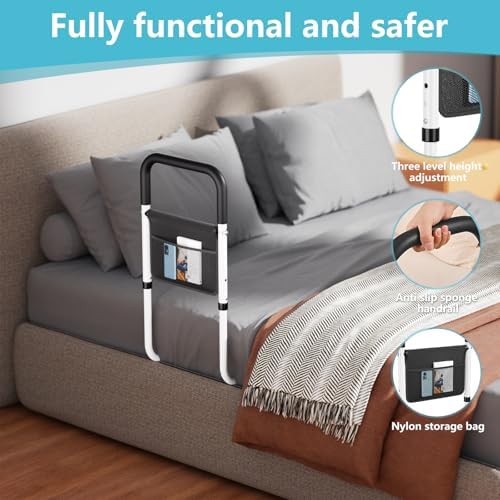 Hopelight Adjustable Bed Rail Support Handle with Storage Pouch, White and Black, Height Assist Safety Guard, Adjustable Bed Assist Rails for Seniors & Patients - Fits All Beds, Tool-Free Assembly