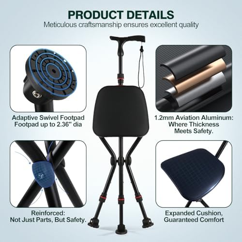 Walking Cane with Seat Holding 400 lbs – Heavy-Duty Folding Cane Chair with Upgraded Detachable 3 Legs, ABC Markings, Adjustable 19"-22" Seat Height, Large Comfort Seat for Seniors