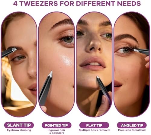 Tweezers Set, 4 Pack Professional Stainless Steel Precision Tweezers with Slant, Pointed, Flat & Angled Tips for Eyebrow, Facial Hair, Ingrown Hair, Splinter & Blackhead Removal for Women & Men