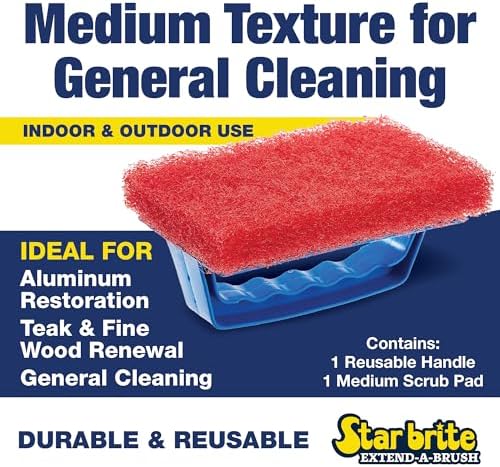 STAR BRITE Medium Red Scrub Pad with Interchangeable Handle - Versatile Cleaning for Most Tasks Including Aluminum Restoration, Teak & Fine Wood Cleaning (Red) Medium (040130)