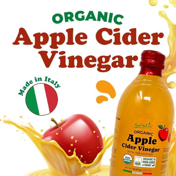 Food To Live Organic Apple Cider Vinegar, 500 ml – Raw Italian Natural Vinegar with the Mother, Unfiltered, Unpasteurized, Non-GMO, Vegan, Bulk, Glass Bottle (Pack of 3)