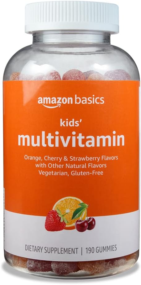 Amazon Basics Kids' Multivitamin Gummies, Cherry, Strawberry & Orange Flavors, 190 Count (Previously Solimo)