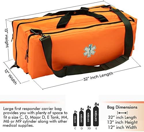 NOVAMEDIC First Responder Empty Oxygen O2 Duffle Bag, 32”x12”x13”, w/Multiple Compartments, EMT Trauma First Aid Carrier for Paramedics and Emergency Medical Supplies, Orange