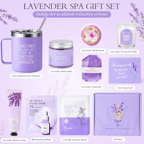 Spa Gifts for Women, 9pcs Happy Birthday Gifts for Women, Unique Birthday Relaxation Mothers Day Gift Christmas Ideas Relaxing Lavender Set Self Care Gift Basket for Her Mom Sister Friend Teacher