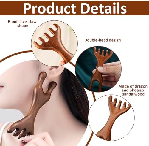 2 Pcs Jaw Massager,Sandalwood Massage Claws,Five Touch Therapy Comb,Wooden Comb,Taichi Tools,Manual Head Scratcher Whisk,Massage Brush for Head Face Eye Nose Jaw and Neck