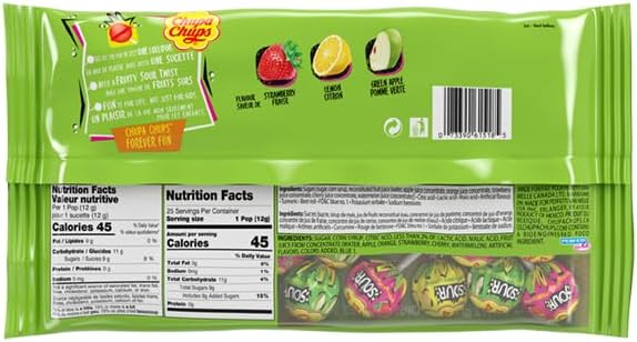 Chupa Chups SOUR Lollipops, VarietyPack, Lemon, Strawbery & Apple Flavored, Individually Wrapped Bulk Sour Candy Suckers for Adults & Kids, Bag of 25 (Pack of 2)