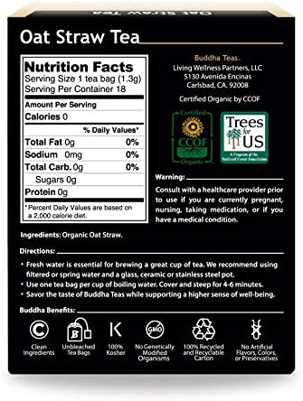 Buddha Teas - Organic Oat Straw Tea - Herbal Tea - For Health & Wellbeing - With Antioxidants & Minerals - Clean Ingredients - Caffeine Free - OU Kosher & Non-GMO - 18 Tea Bags (Pack of 1)