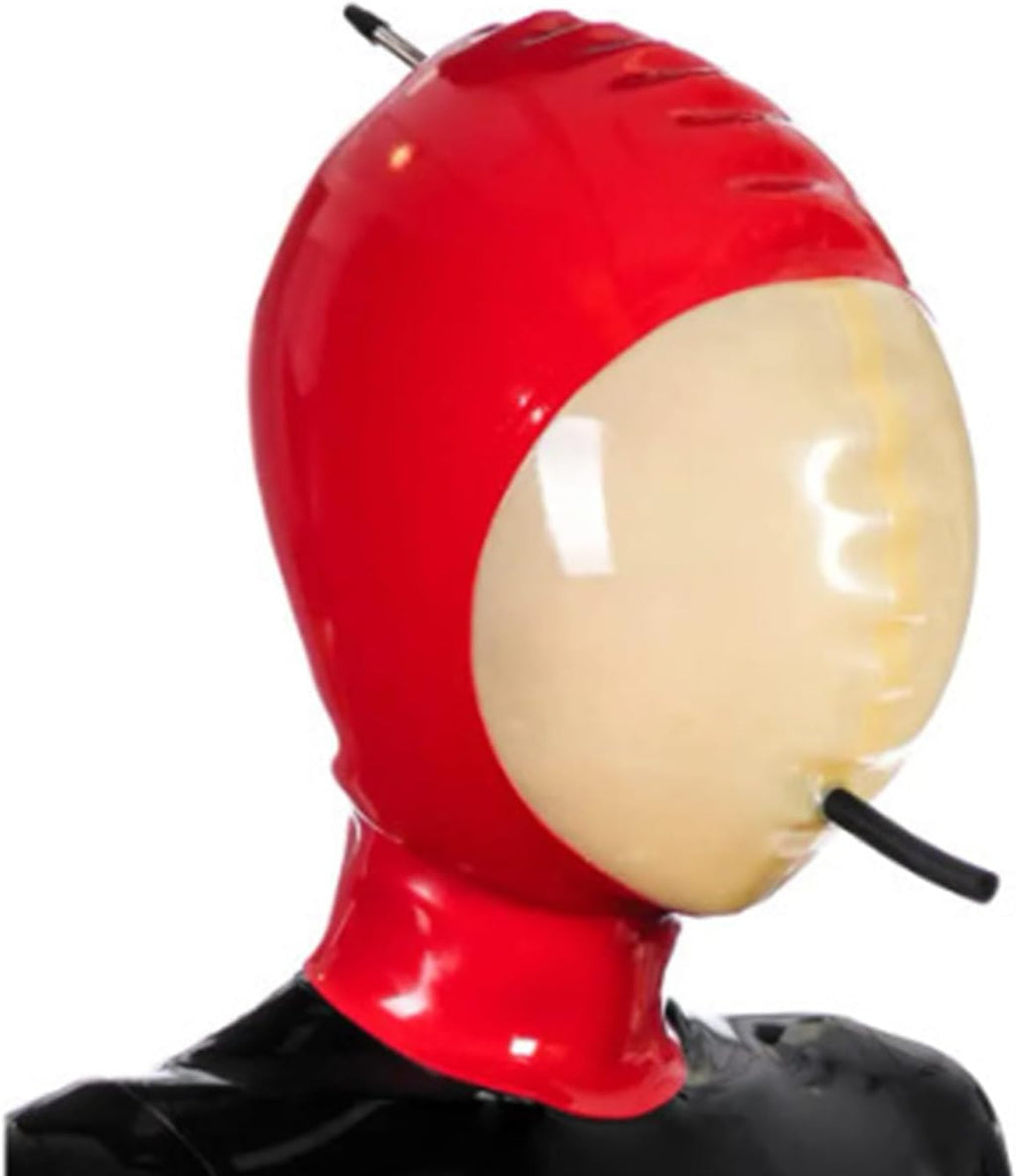 Latex Hood Inflatable Headgear with Mouth Tube Full Face Hood Rubber Head Mask Back Zipper for Cosplay