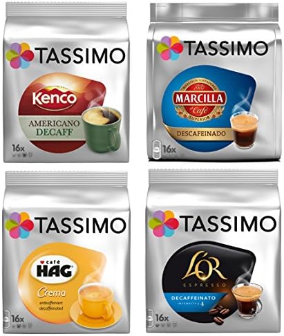 Tassimo 4 Decaf Lovers Bundle - 1 x Kenco Americano Decaf, Cafe HAG Crema, LOR Espresso Decaf, Marcilla Espresso Decaf (All 4 Decaffeinated Variety- 64 Servings)
