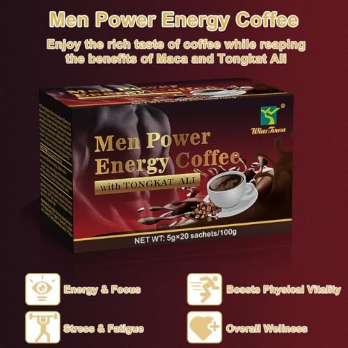 Men's Herbal Energy Coffee-Instant Black Coffee with Maca, Tongkat Ali, Epimedium&Ginseng–Boost Focus, Energy&Stamina–20 Sachets