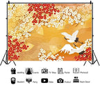 Leyiyi 7x5ft Red-Crowned Cranes Backdrop Fuji Snow Mountain Vintage Folding Fan White and Red Cherry Blossoms Yellow Photography Background Japanese Style Photo Portrait Studio Prop