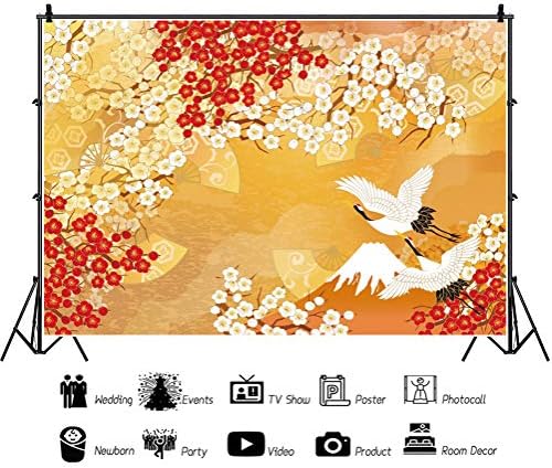 Leyiyi 7x5ft Red-Crowned Cranes Backdrop Fuji Snow Mountain Vintage Folding Fan White and Red Cherry Blossoms Yellow Photography Background Japanese Style Photo Portrait Studio Prop