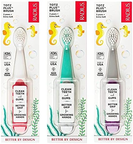 RADIUS Children's Toothbrush, Totz Plus Brush, Extra Soft Bristles, White & Coral/Mint & Grey/Grey & Purple, BPA Free ADA Accepted, for Delicate Teeth & Gums for Children 3 Years & Up, Pack of 3