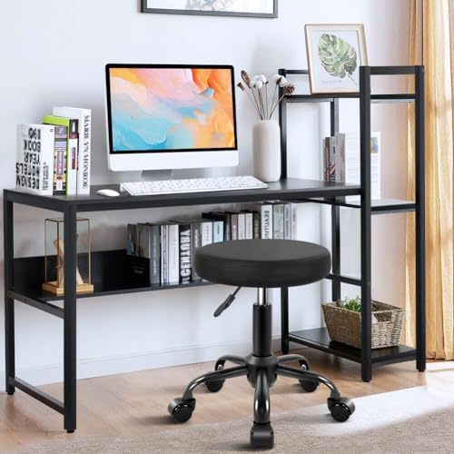 KKTONER Round Rolling Stool Height Adjustable Stool PU Leather Chair with Wheels Salon Spa Drafting stools Small (Black)
