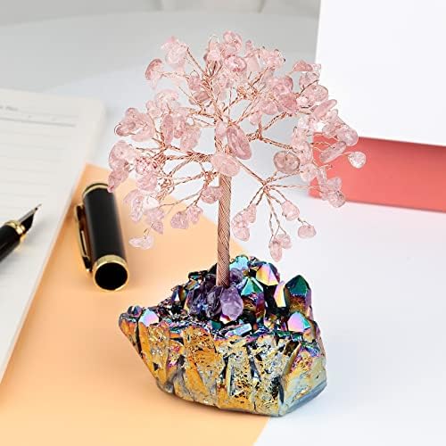 SUNYIK Natural Strawberry Quartz Money Tree, Rainbow Aura Titanium Crystal Cluster Base Bonsai Sculpture Figurine 4.5-5.7 Inches