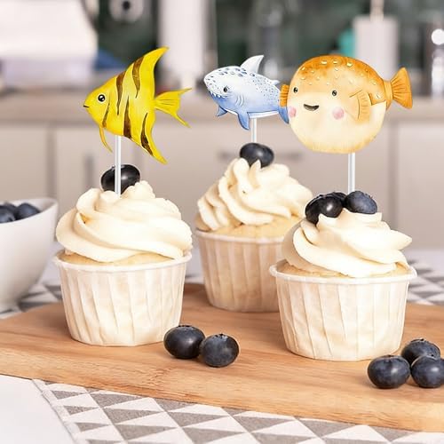 36 PCS Ocean Animal Cupcake Toppers Sea Under Party Cupcake Decoration for Baby Shower Birthday Party Cartoon Cake Decor Supplies