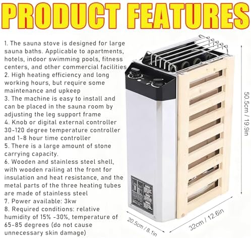 Electric Sauna Heater Stove 3KW-3.6KW, 110V Stainless Steel Sauna Stove with Internal Control, Temperature Adjustable & 3H Timer for Home Hotel Spa Sauna Room 3kw