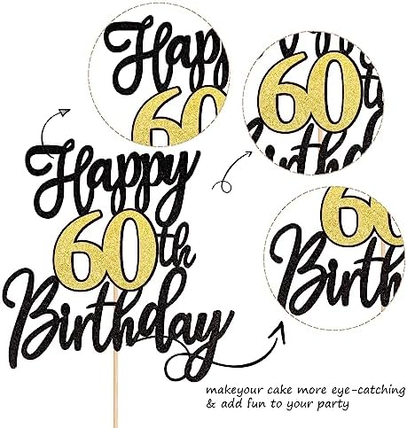 1 PCS Happy 60th Birthday Cake Topper Black Gold Glitter Cheers to 60 Years Birthday Cake Pick 60 Fabulous Cake Decoration for Happy 60th Birthday Anniversary Party Cake Decorations Supplies