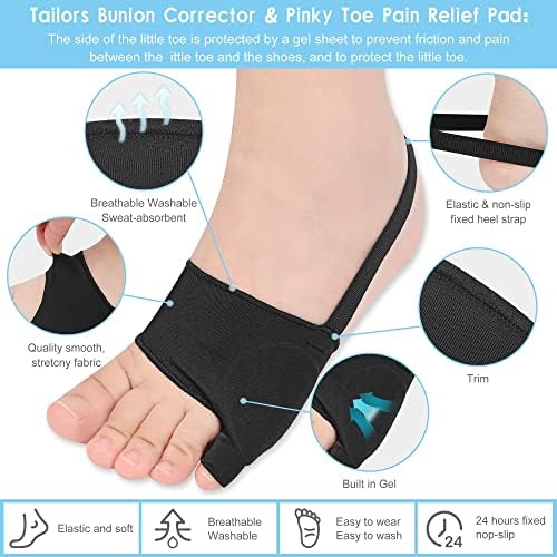Tailors Bunion Protector 1Pair Bunionette Sleeves Built-in Gel Pads Silicone Cover Guard With Non-slip Strap to Relief Bunion Pinky Toe Pain, Cushion and Comfort Bunionette,Overlapping toe(Black-Large)