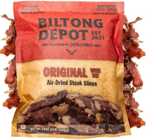 Biltong Depot Original Beef Biltong Slices with Fat – 1lb (16oz) | Air-Dried Beef Jerky Snack | High Protein | Zero Sugar | Keto & Paleo Friendly | Gluten Free | No Artificial Preservatives | No MSG