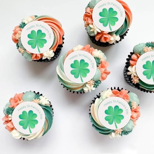 40Pcs Edible Circle Shamrocks Cupcake Toppers Edible Lucky Shamrock Green Four Leaf Cupcake Picks For Happy St. Patrick's Day Baby Shower Birthday Party Wedding Anniversary Cake Decoration