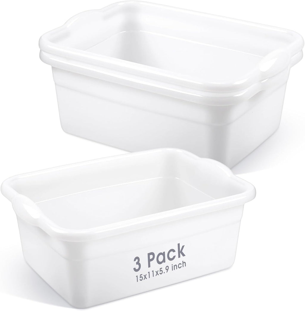 Honeydak 3 Pack Dish Pans for Kitchen Sink, 12 Quart Plastic Wash Basins Tub and Foot Bath for Soaking Feet, Rectangular White Wash Bucket for Washing Storage Cleaning Hospital Laundry Supplies