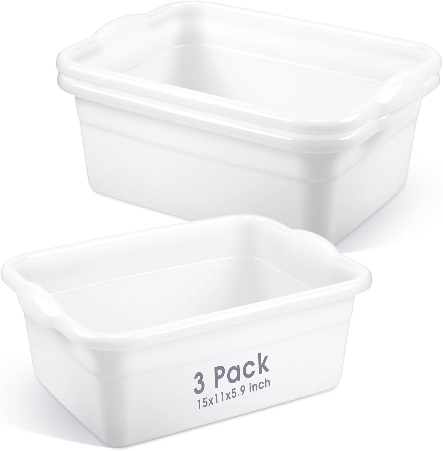 Honeydak 3 Pack Dish Pans for Kitchen Sink, 12 Quart Plastic Wash Basins Tub and Foot Bath for Soaking Feet, Rectangular White Wash Bucket for Washing Storage Cleaning Hospital Laundry Supplies