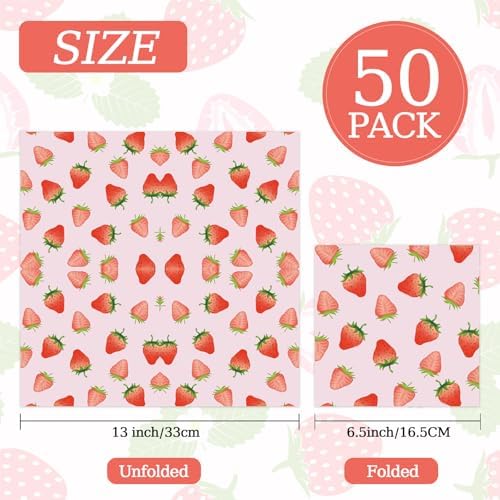 50 Pcs Strawberry Napkins 13 x 13 Inches, Strawberry Birthday Paper Napkins Fruit Theme Disposable Cocktail Napkins for Baby Shower Birthday Party Decorations (Strawberry)