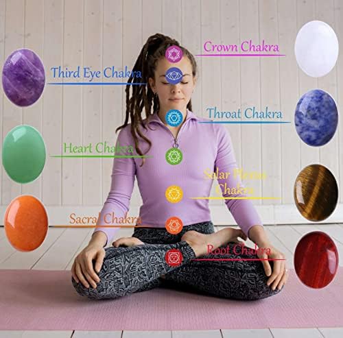 LAIDANLA 7Pcs Healing Crystals Palm Stone Set Oval Amethyst Clear Quartz Tiger Eye Sodalite Chakra Crystal Polished Natural Stones Pocket Gemstone for Meditation Relief Anxiety Stress