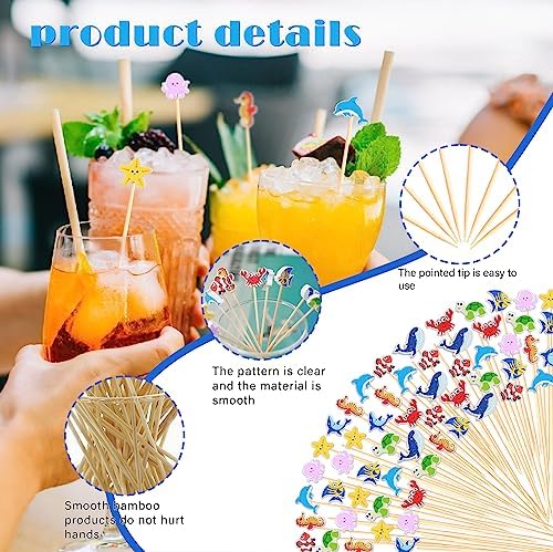 100Pcs Sea Animal Cocktail Picks Ocean Animals Cute Fish Theme Decor Toothpicks Fruit Drinks Sticks Food Appetizer Charcuterie Skewers, for Under The Sea Themed Summer Beach Birthday Party Decorations