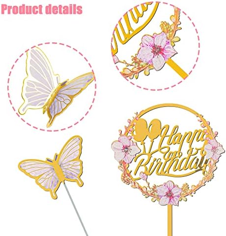 28pcs Flower Cake Topper 3D Butterfly Acrylic Happy Birthday Cake Toppers Artificial Carnation Rose Flowers Eucalyptus Leaves Cake Decorations for Birthday Party Wedding Baby Shower Supplies