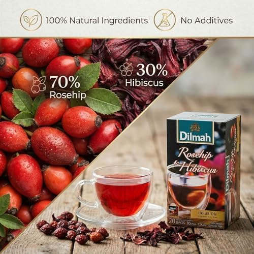 Dilmah Rosehip & Hibiscus Herbal Tea – 20 Individually Foil Wrapped Tea Bags, Naturally Caffeine-Free Red Infusion, 70% Rosehip & 30% Hibiscus, Premium Herbal Blend