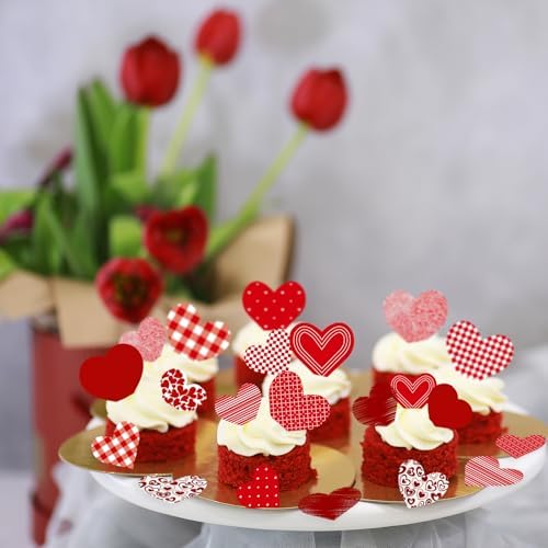88PCS Edible Valentines Day Heart Cupcake Toppers Red Sweet Love Heart Cupcake Picks Happy Valentine's Day Heart Cake Decor for Valentine's Day Theme Party Decoration Supplies