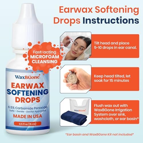 WaxBgone ® Ear Wax Removal Drops – Ear Cleaner Drops for Clogged Ears & Ear Relief, Non-Irritating Ear Wax Softener, Ear Wax Dissolving Drops for Kids & Adults, 0.5 fl oz (15ml)