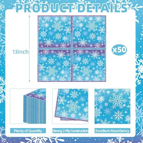 50 Count Snowflake Winterland Paper Napkins, Disposable Snow Party Napkins for Christmas Dinner, Winter Birthday Gatherings, Baby Shower, Snow-Themed Table Decorations