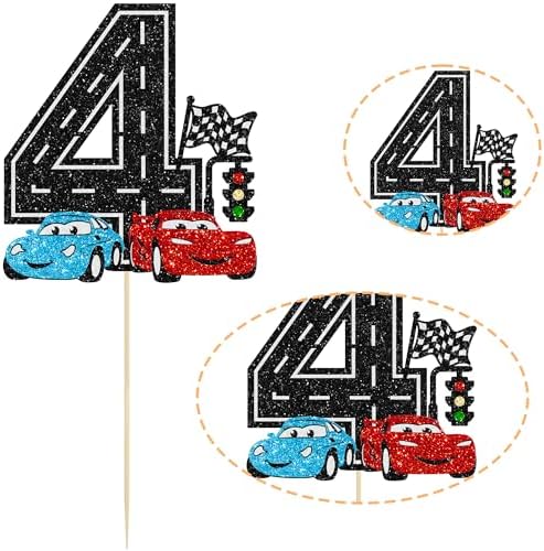 Ephlyn 1Pc Race Car 4th Birthday Cake Topper Glitter 4th Racing Car Birthday Cake Decoration for Racing Car Checkered Flag Themed Girl Boy 4 Years Birthday Party Supplies