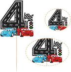 Ephlyn 1Pc Race Car 4th Birthday Cake Topper Glitter 4th Racing Car Birthday Cake Decoration for Racing Car Checkered Flag Themed Girl Boy 4 Years Birthday Party Supplies