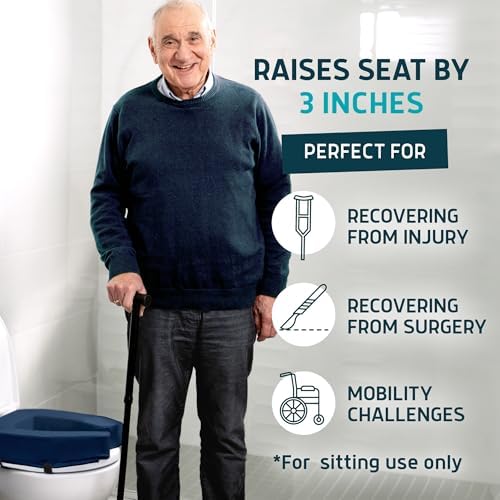 Lunderg Padded Toilet Seat Riser for Seniors - Adds 3 inches. Universal Fit - FIRM Raised Toilet Seat Cushion with High-Density Foam for Enhanced Comfort & Elevation. Post-Surgery Must have (Blue)
