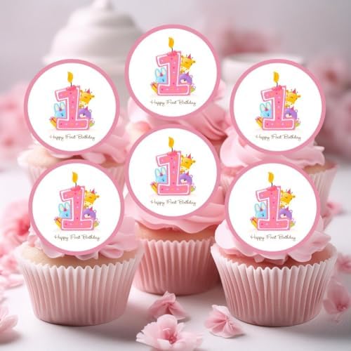 1st Birthday Girl Cake Decorations, Pink Edible Cupcake Toppers, Happy Birthday Cake Toppers, Girls Cupcake Decorations, 24 x 1.5 Inch / 4cm Wafer Card Discs UNCUT