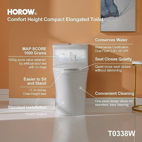 HOROW T0338W Compact One Piece Toilet with Comfort Chair Seat ADA Height 17.3", Elongated Dual Flush 0.8/1.28 GPF, Standard White Toilet Bowl