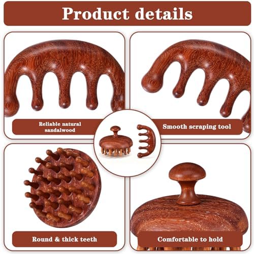 Wooden Scalp Massage Comb, Sandalwood Head Massager for Hair Growth & Relaxation Wooden Hair Brush Hairs Scrubber Portable Handheld Gua Sha Body Massage Tool for Men Women Spa