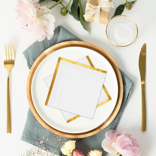 200 Pcs White Napkins with Gold Trim 2 Ply Cocktail Napkins Disposable Decorative Golden Foil Edge Dessert Beverage Napkin Paper for Wedding Reception Birthday Party Anniversary